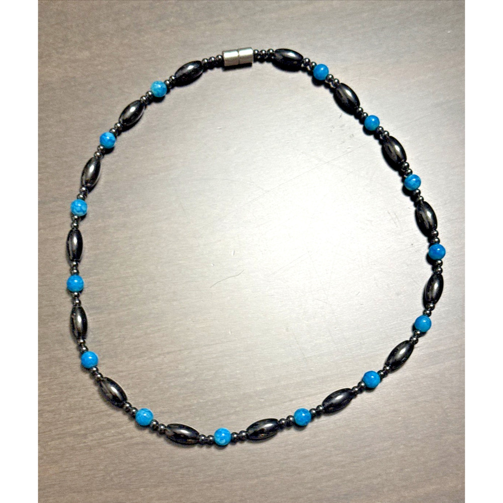 Hematite Beaded Turquoise Accent Stone Ladies Magnetic Necklace 18”